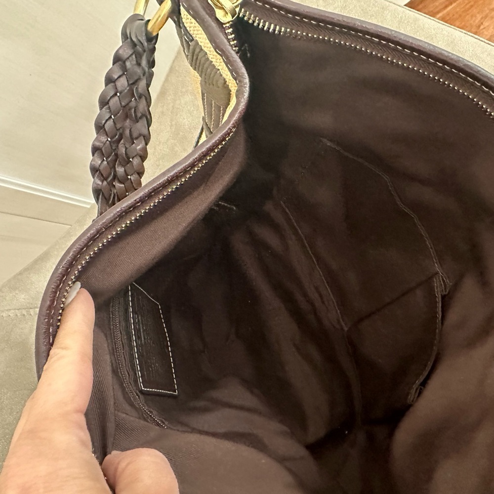 COACH Purse Shoulder Bag 4711 Angora Straw Burlap Beige w/ Genuine Brown Leather - Picture 11 of 14